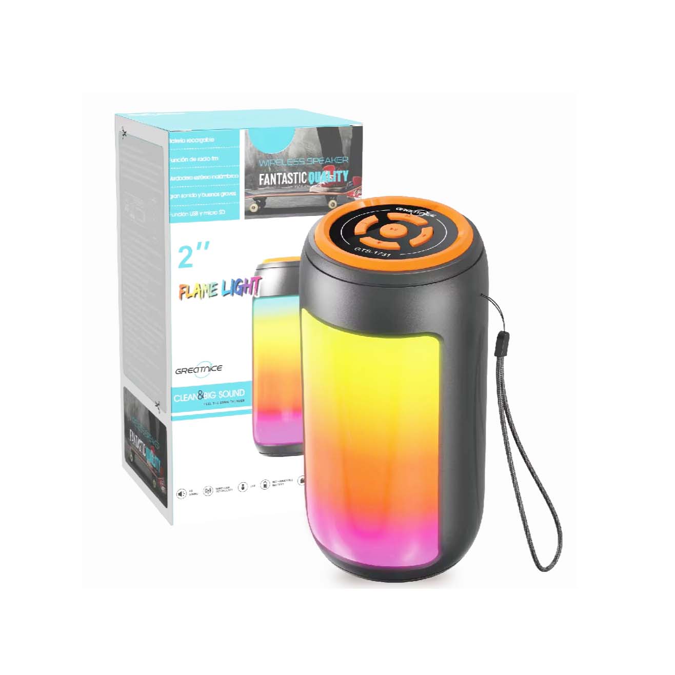 GTS-1731 Wireless Portable Outdoor BT Speaker with FM Radio and Solar 2 Inch Flame Light Speaker