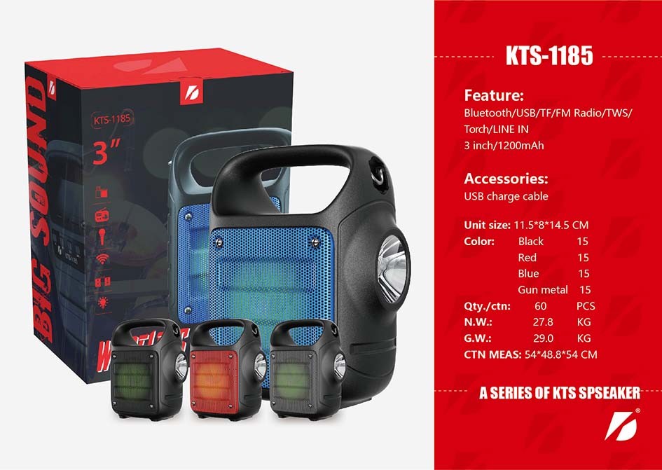 KTS-1185 Wireless Portable Outdoor Bt Speaker with FM Radio and Torch Light 3 Inch Factory Price Wholesale OEM